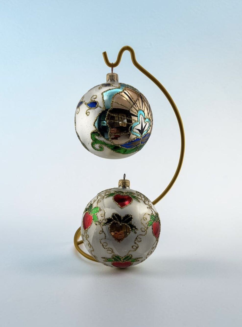 Vintage Pair of Glass 4" Round Christmas Ornaments made in Poland Hand Made